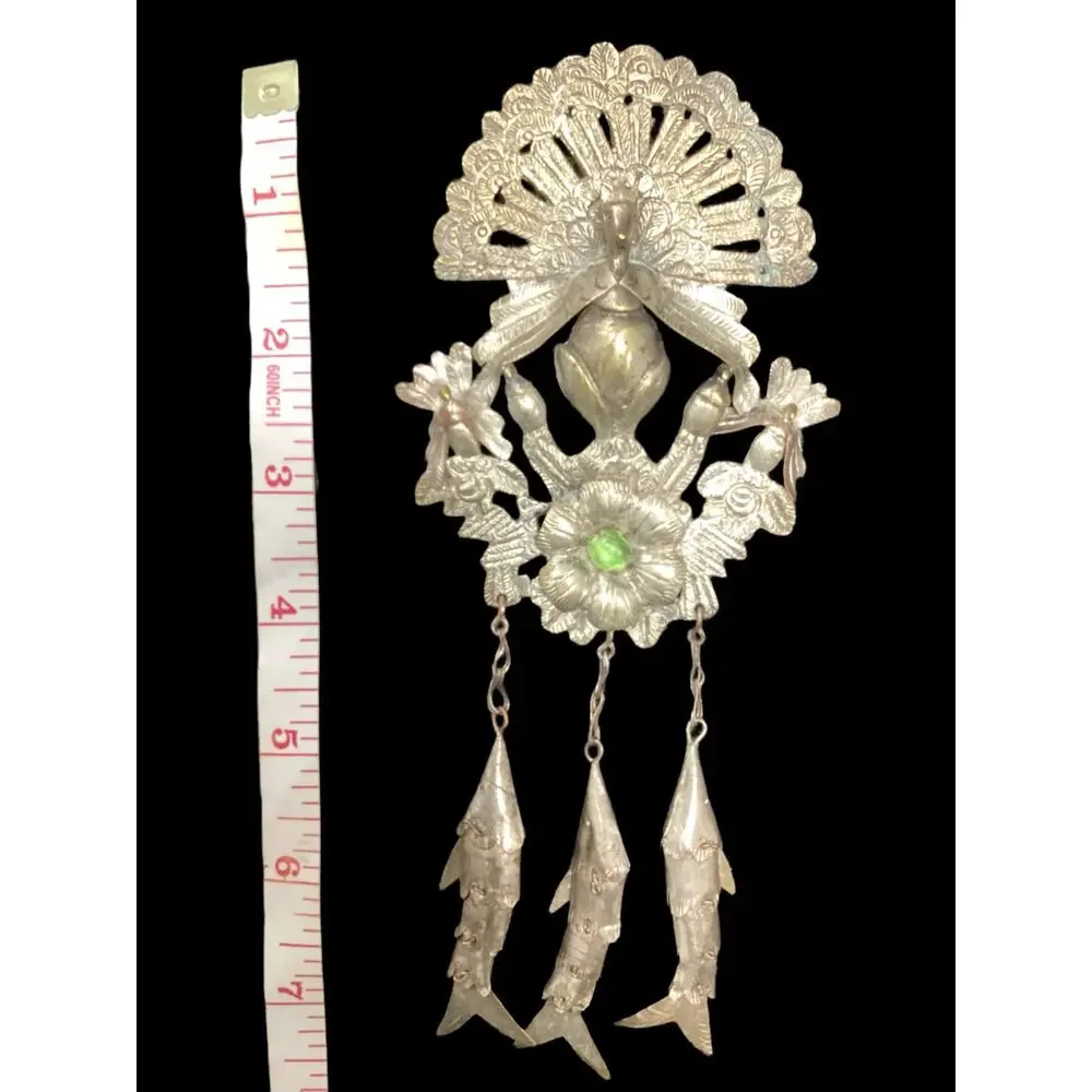 Gorgeous Rare Vintage Metal Shawl Brooch Peacock Peruvian Colonial Tupu Pin